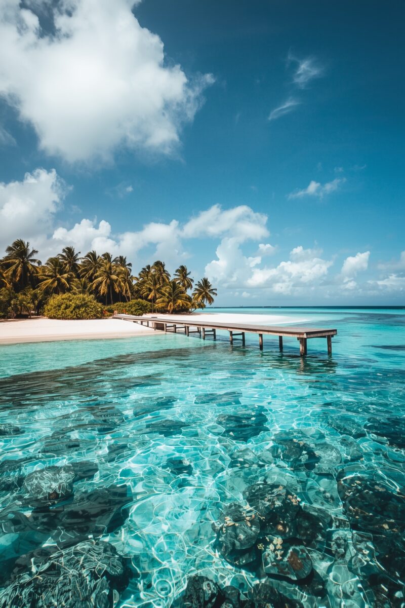 Crystal-clear turquoise water with coral reef visible beneath, wooden pier extending to tropical island with palm trees
