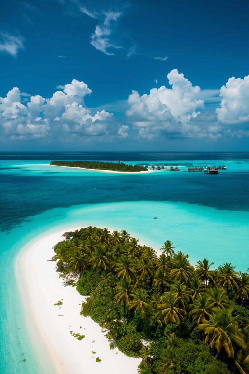 Aerial view of tropical Maldives islands with white sand beaches, lush palm trees, turquoise lagoon, and overwater bungalows