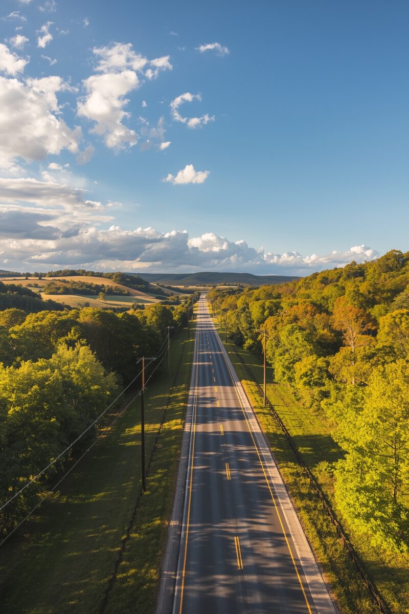 Aerial view of a straight two-lane rural highway flanked by lush green trees and rolling farmland hills