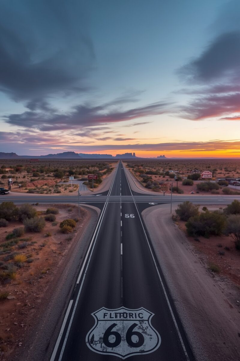 Historic Route 66 highway stretching into desert horizon at sunset with mesa formations and dramatic sky