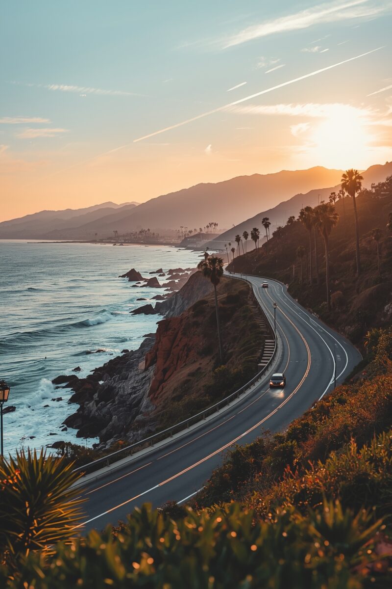Winding coastal highway along rocky cliffs with palm trees and ocean waves at golden sunset