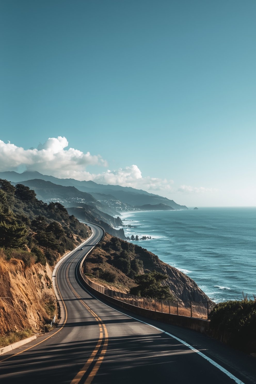 Winding coastal highway along rugged cliffs overlooking turquoise ocean with mountains in the distance