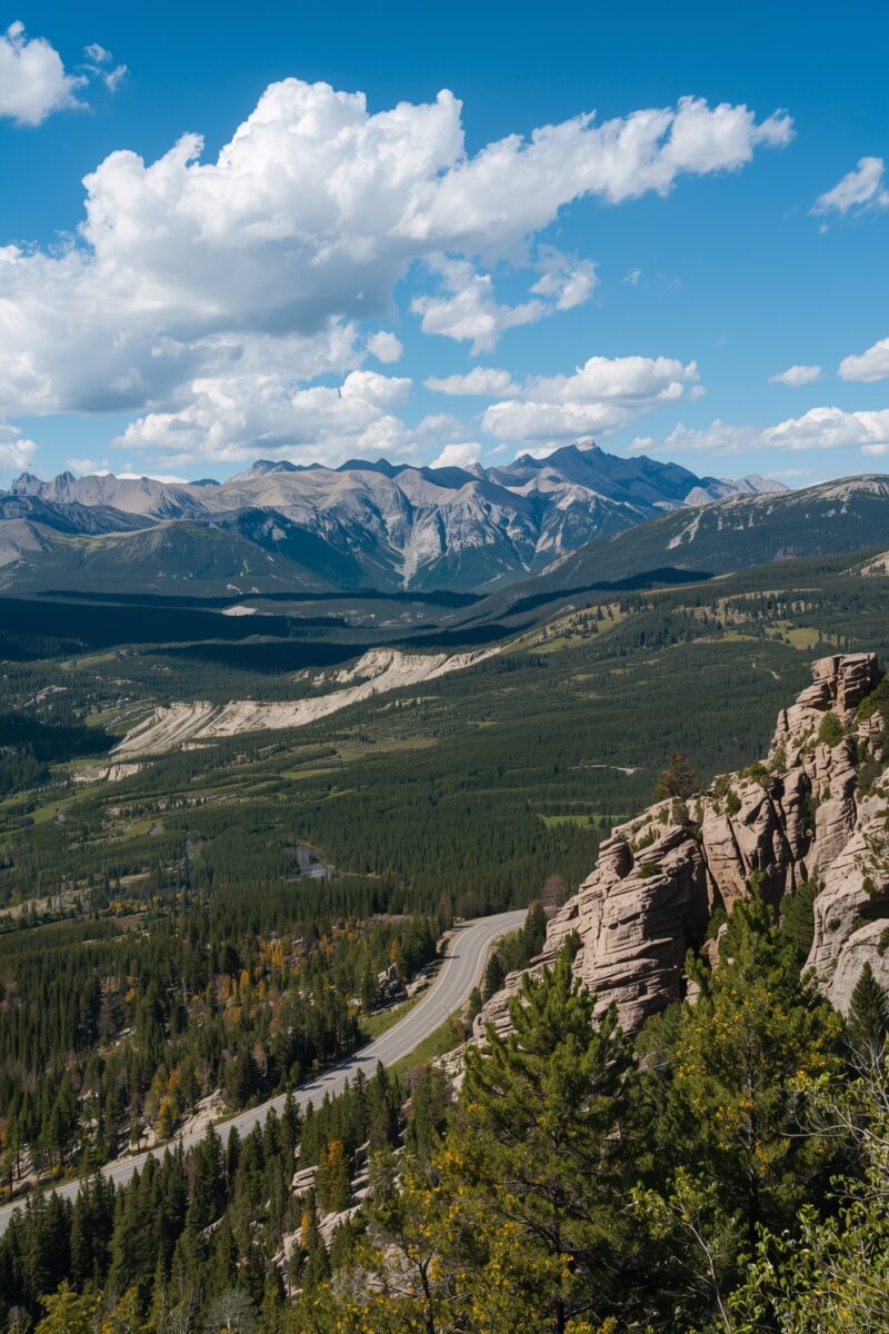 Winding mountain highway through forested valley with rocky cliffs and snow-capped peaks under blue sky