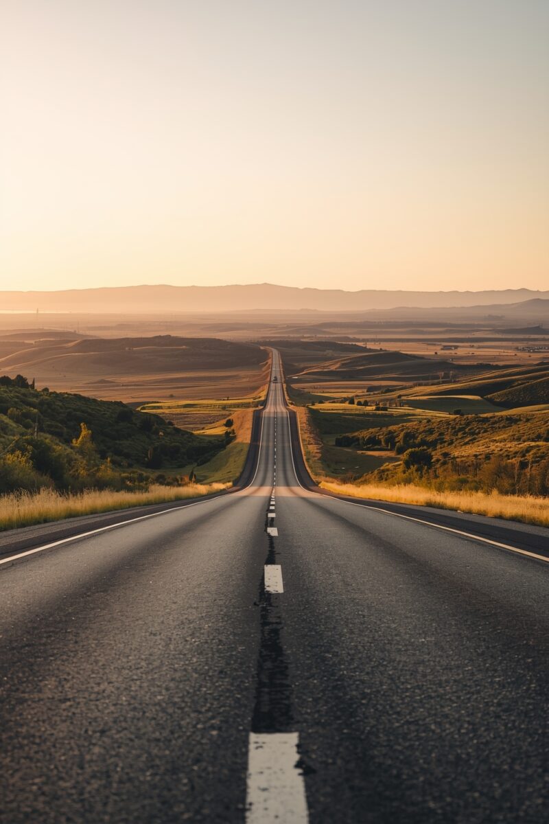 Straight two-lane highway stretching to the horizon across golden plains at sunset with mountains in background