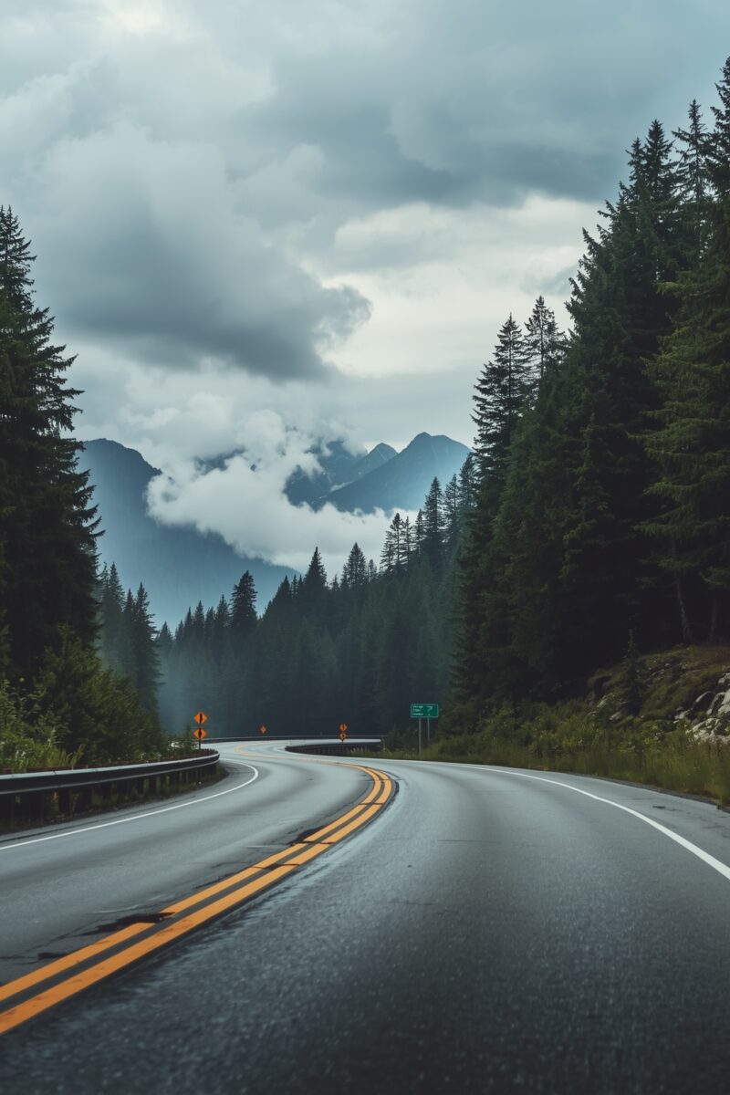 Winding two-lane mountain highway surrounded by tall evergreen trees with misty peaks and dramatic storm clouds