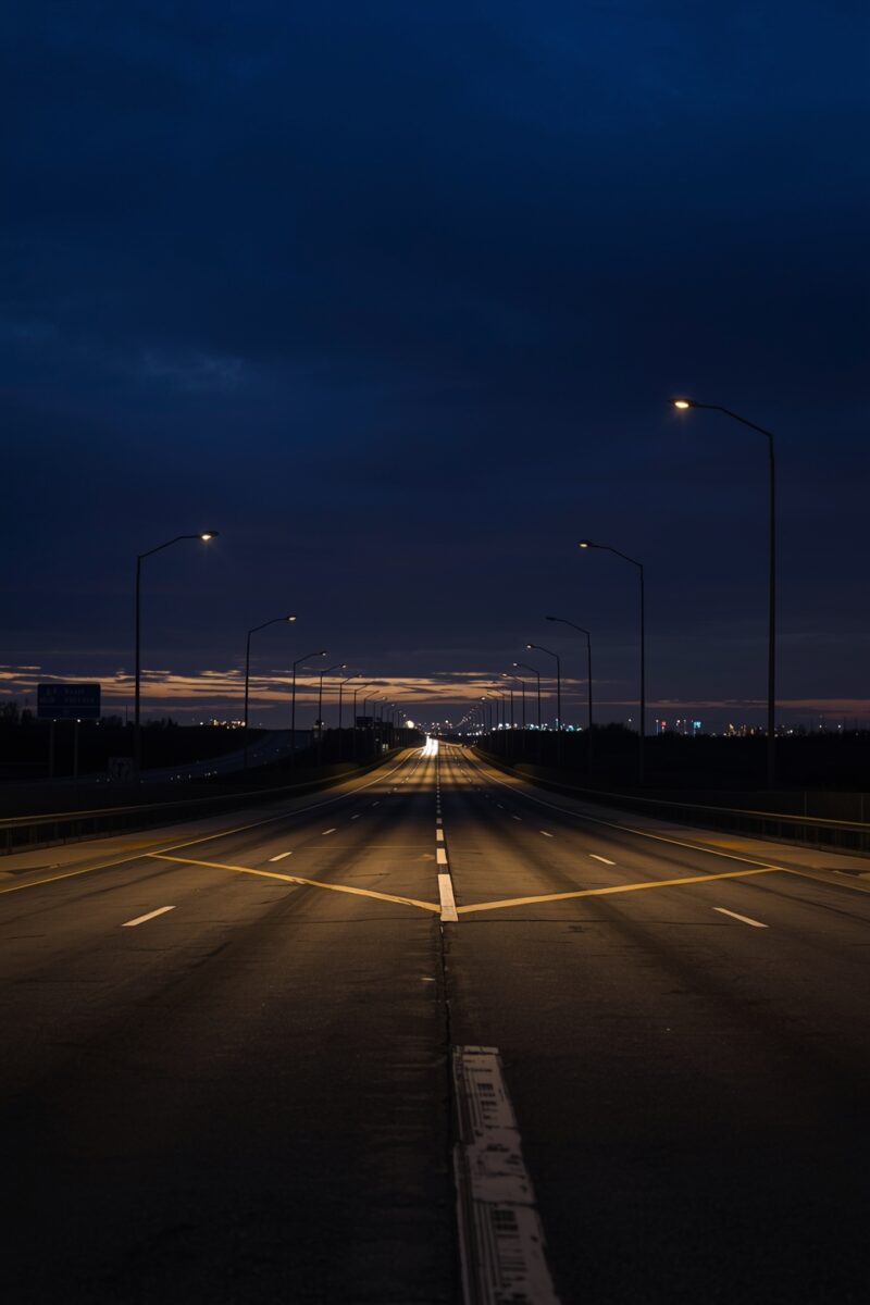 Empty multi-lane highway at night illuminated by street lights under a dark blue cloudy sky