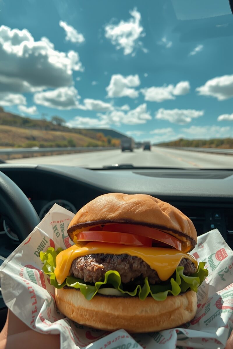 Cheeseburger with lettuce and tomato held in a car on a highway under a blue sky