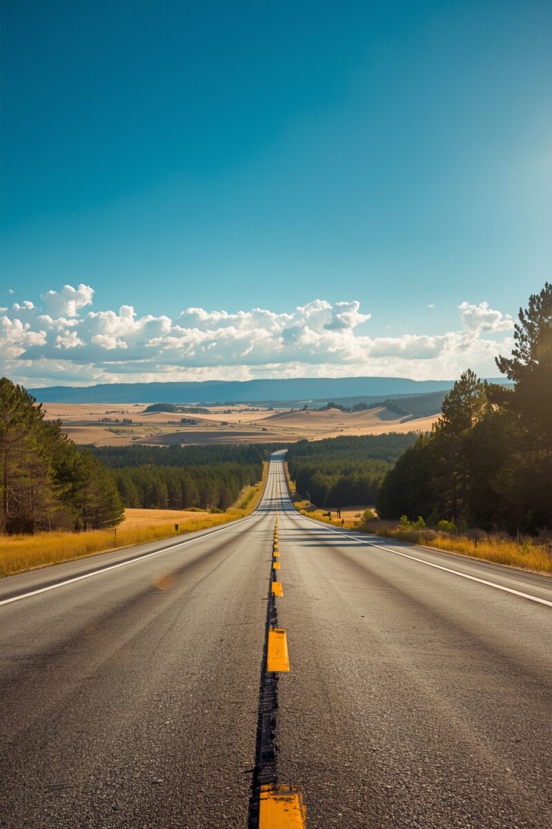 Empty two-lane highway stretching into the horizon through golden fields and pine forests under a bright blue sky