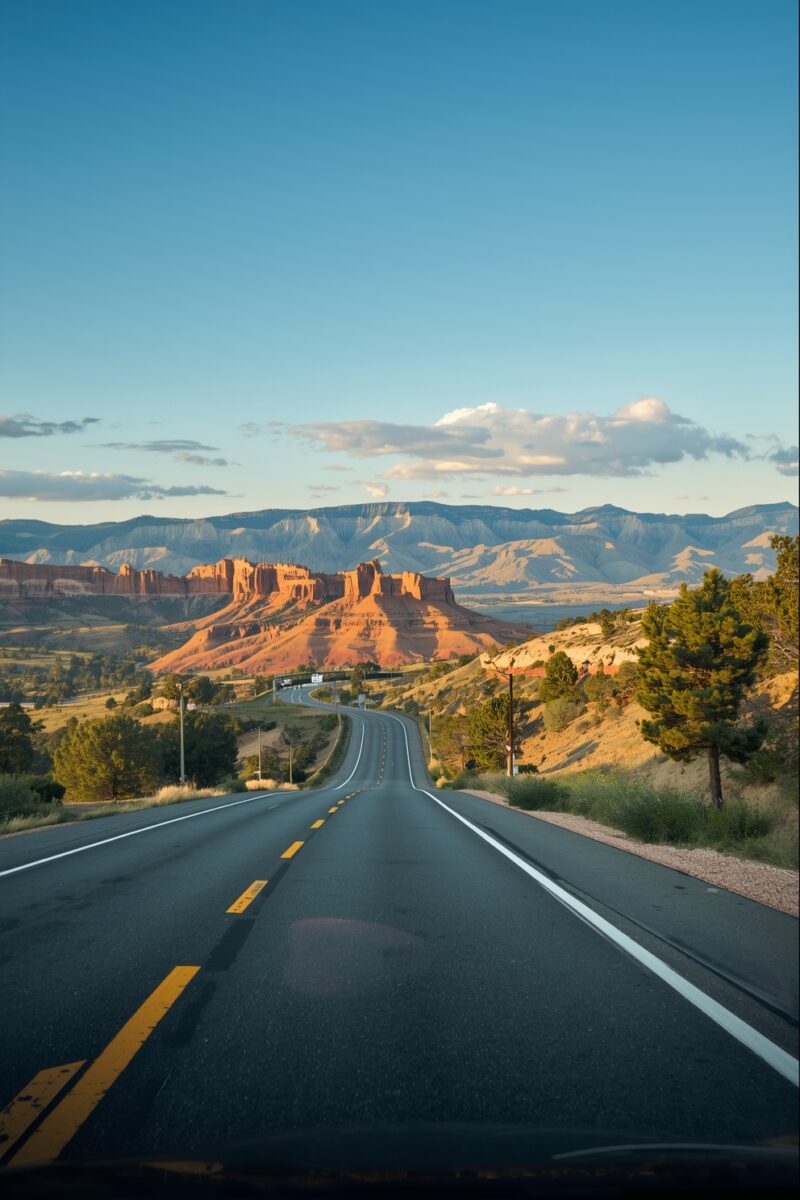 Two-lane highway winding toward red rock mesa formations and layered mountains under a clear blue sky