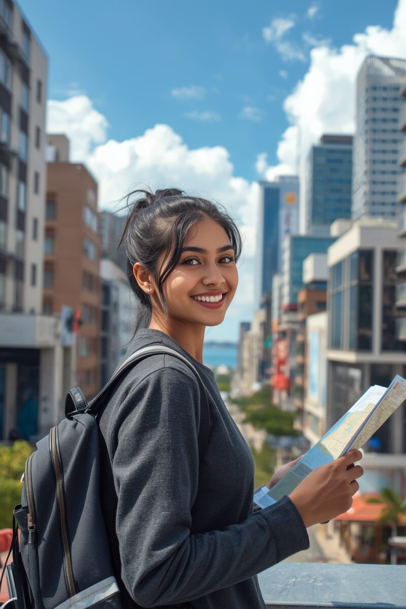 Young woman with backpack holding a city map, smiling against an urban skyline on a sunny day