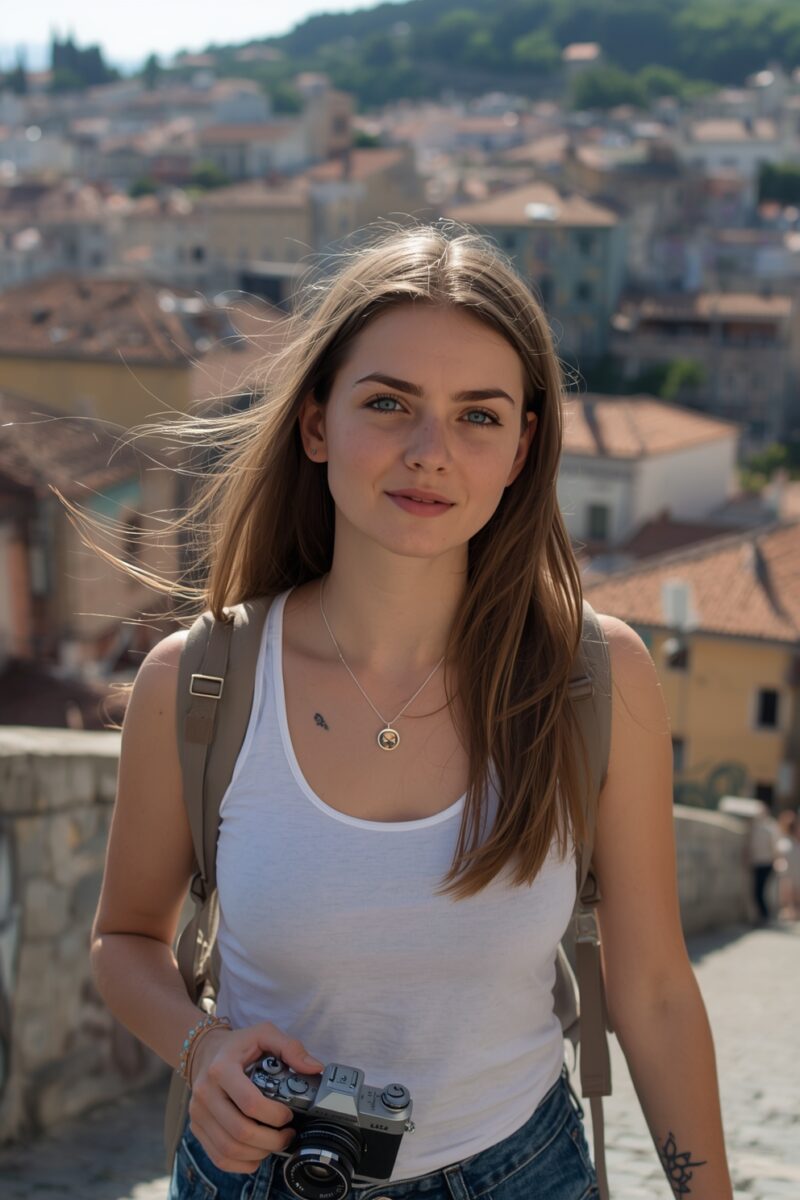 Young female traveler with camera and backpack standing at a scenic overlook of a European hillside town