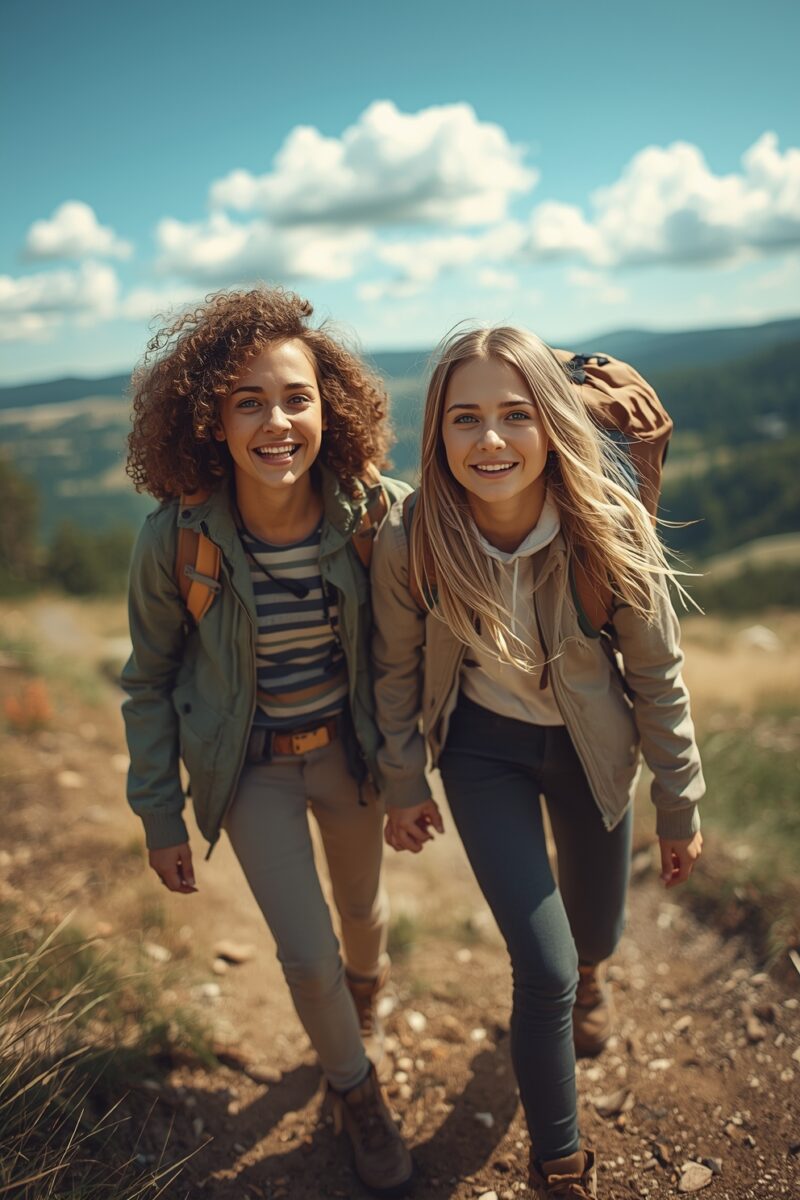 Two young women smiling while hiking on a mountain trail with backpacks on a sunny day
