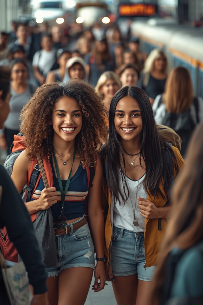 Two smiling young women with backpacks walking together in a busy crowd near a school bus