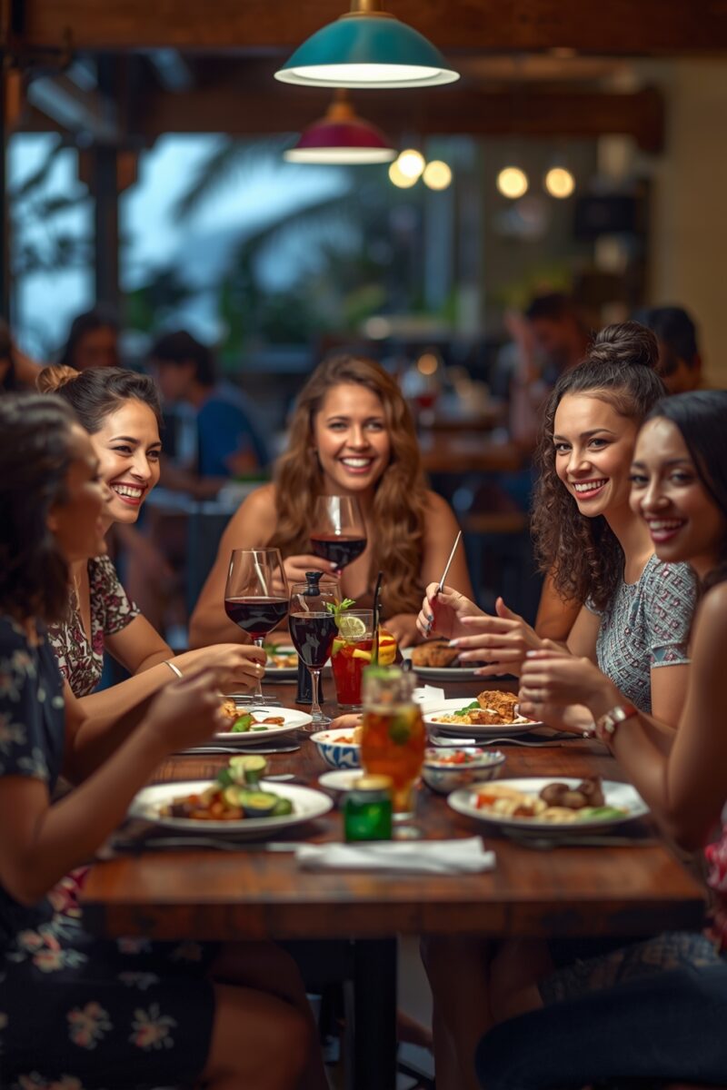 Group of five smiling women enjoying dinner together at a restaurant with wine and cocktails