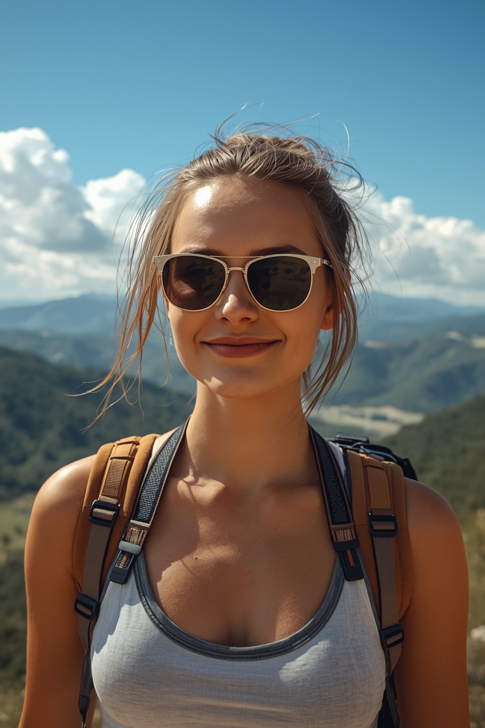 Young woman hiker wearing sunglasses and backpack smiling on mountain summit with blue sky background