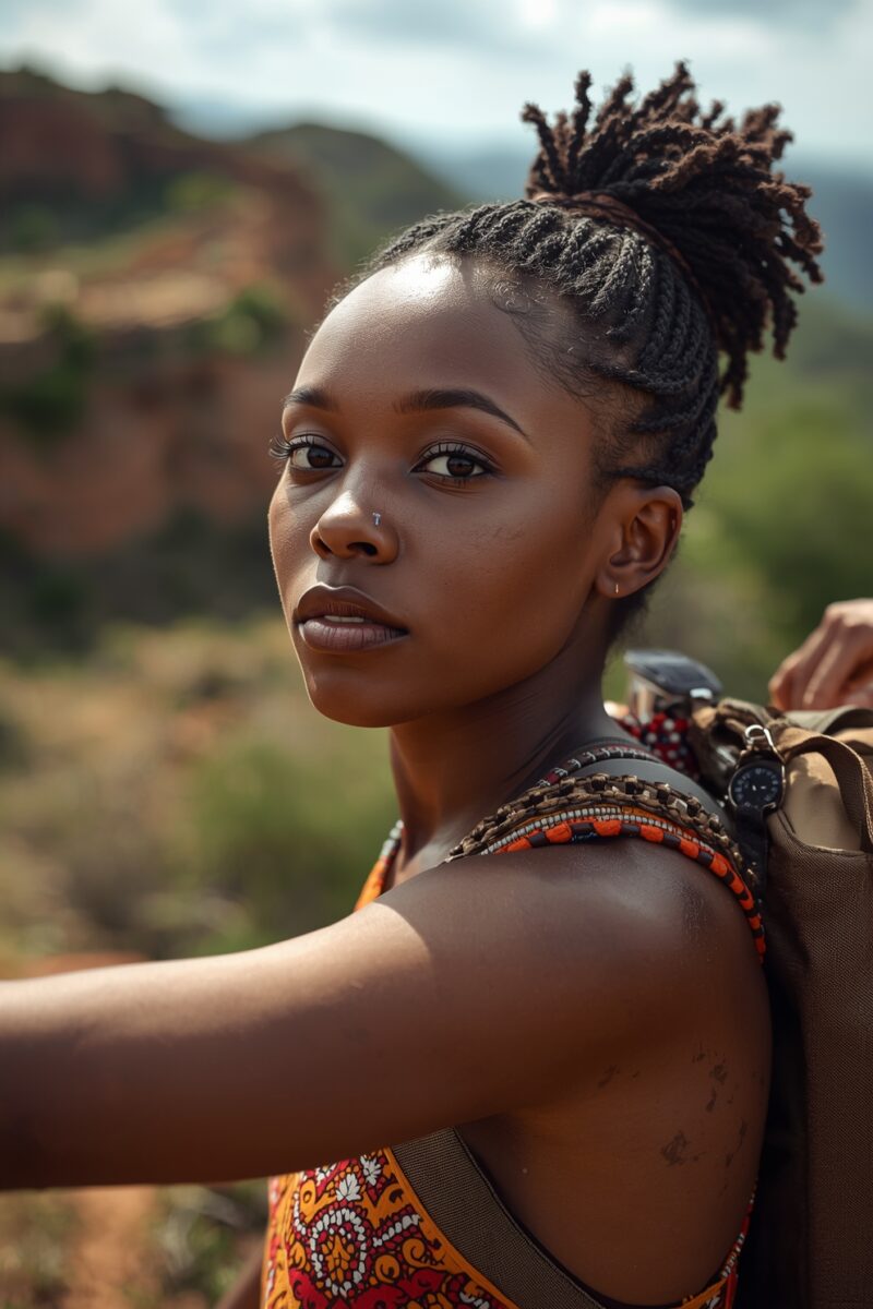 Young African woman with braided updo wearing colorful traditional print dress and backpack hiking outdoors