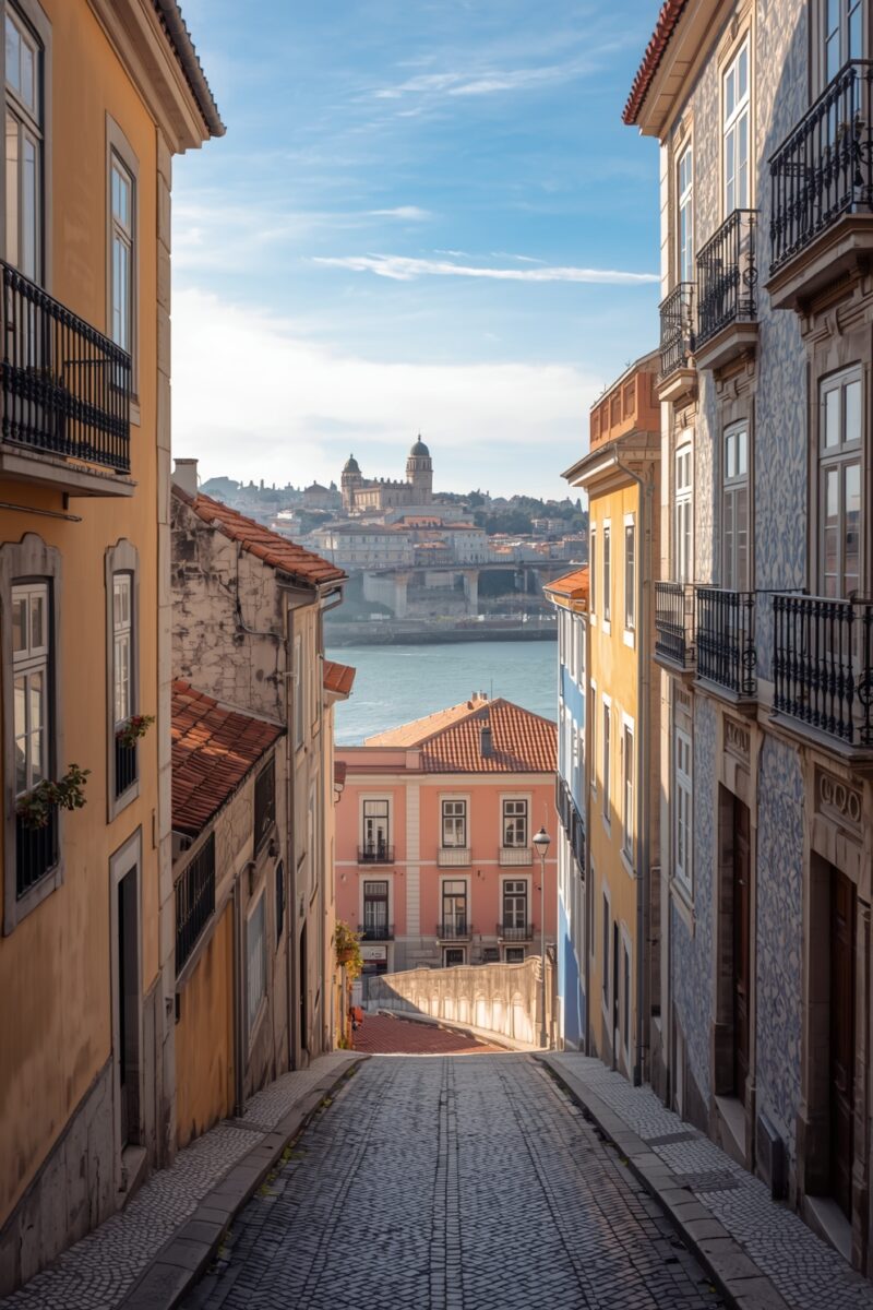 Narrow cobblestone street in Lisbon or Porto, Portugal, flanked by colorful buildings with iron balconies leading down to a river
