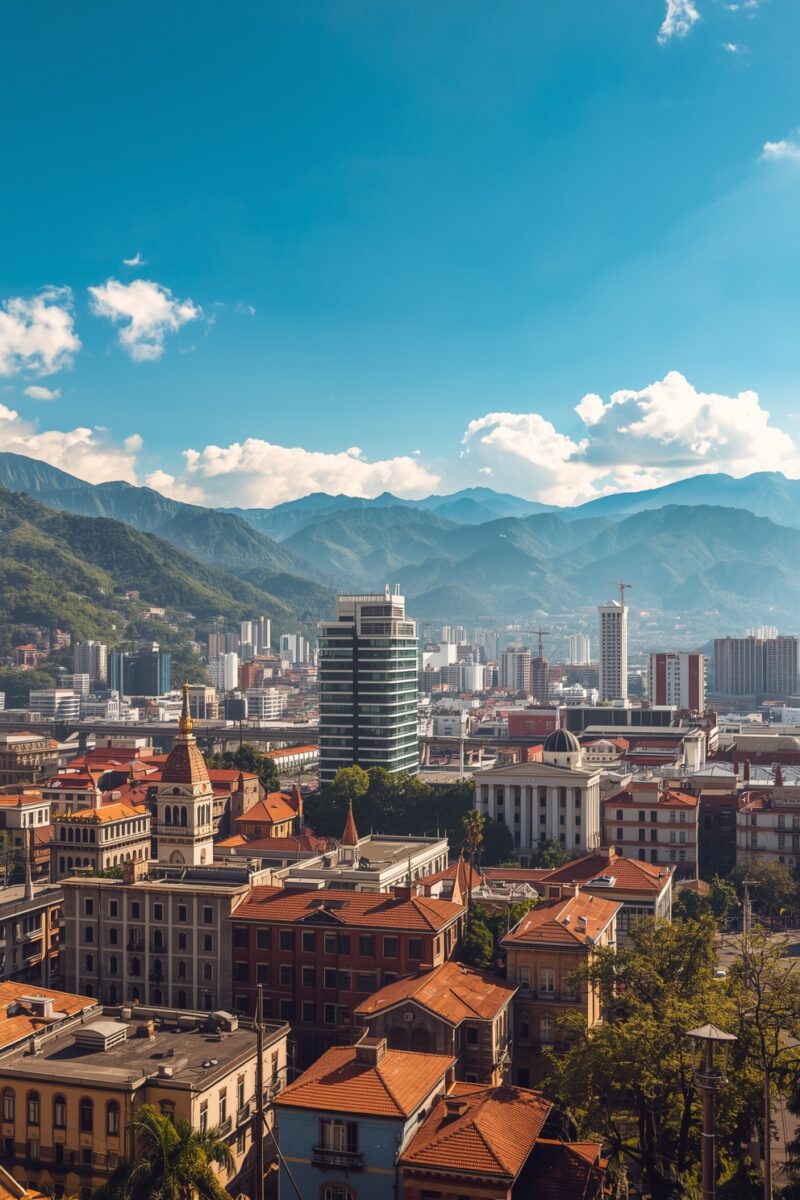 Panoramic cityscape with red-tiled historic buildings, modern skyscrapers, and lush green mountains under blue sky