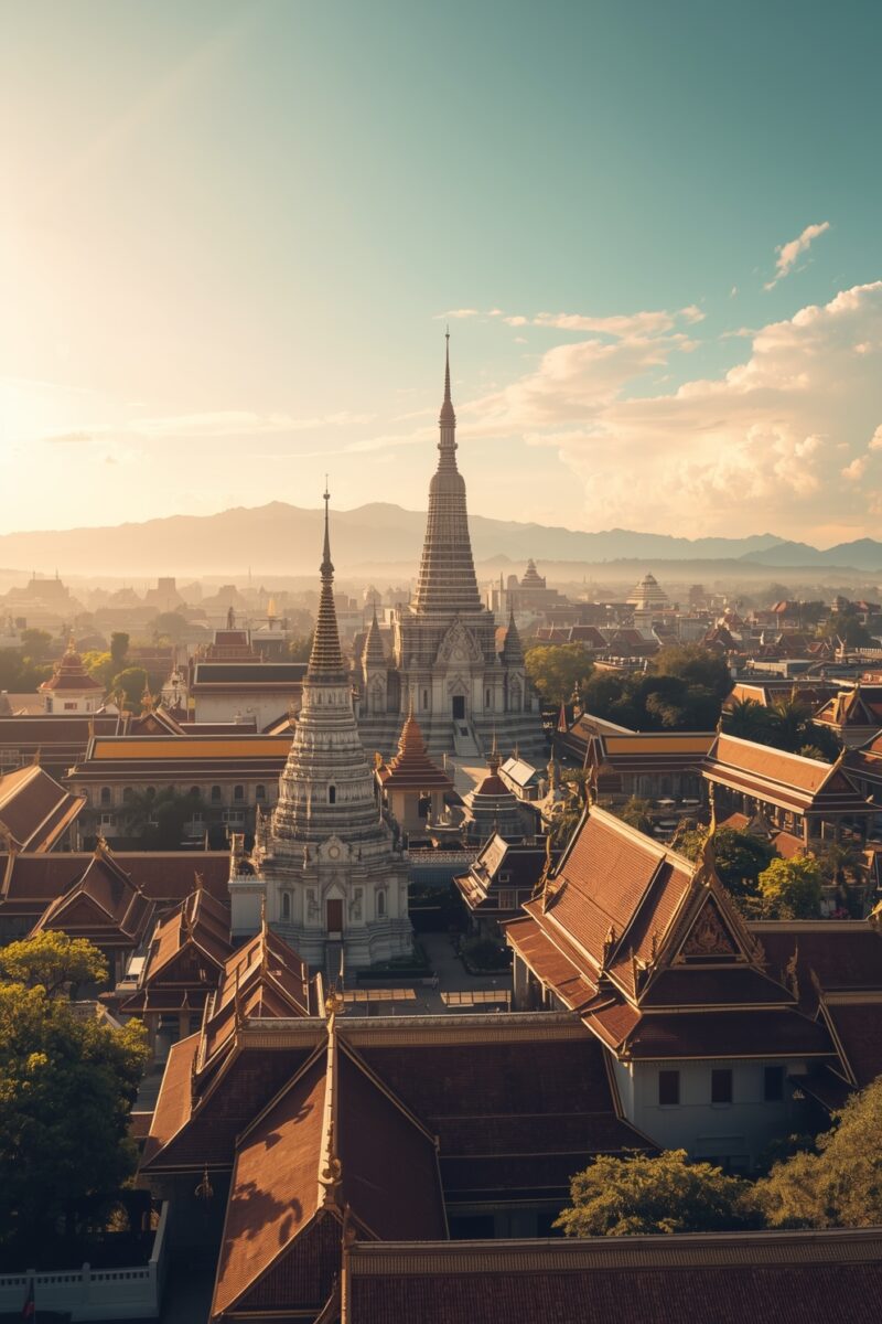 Aerial view of Thai Buddhist temples with ornate white spires and traditional red-tiled rooftops at golden hour