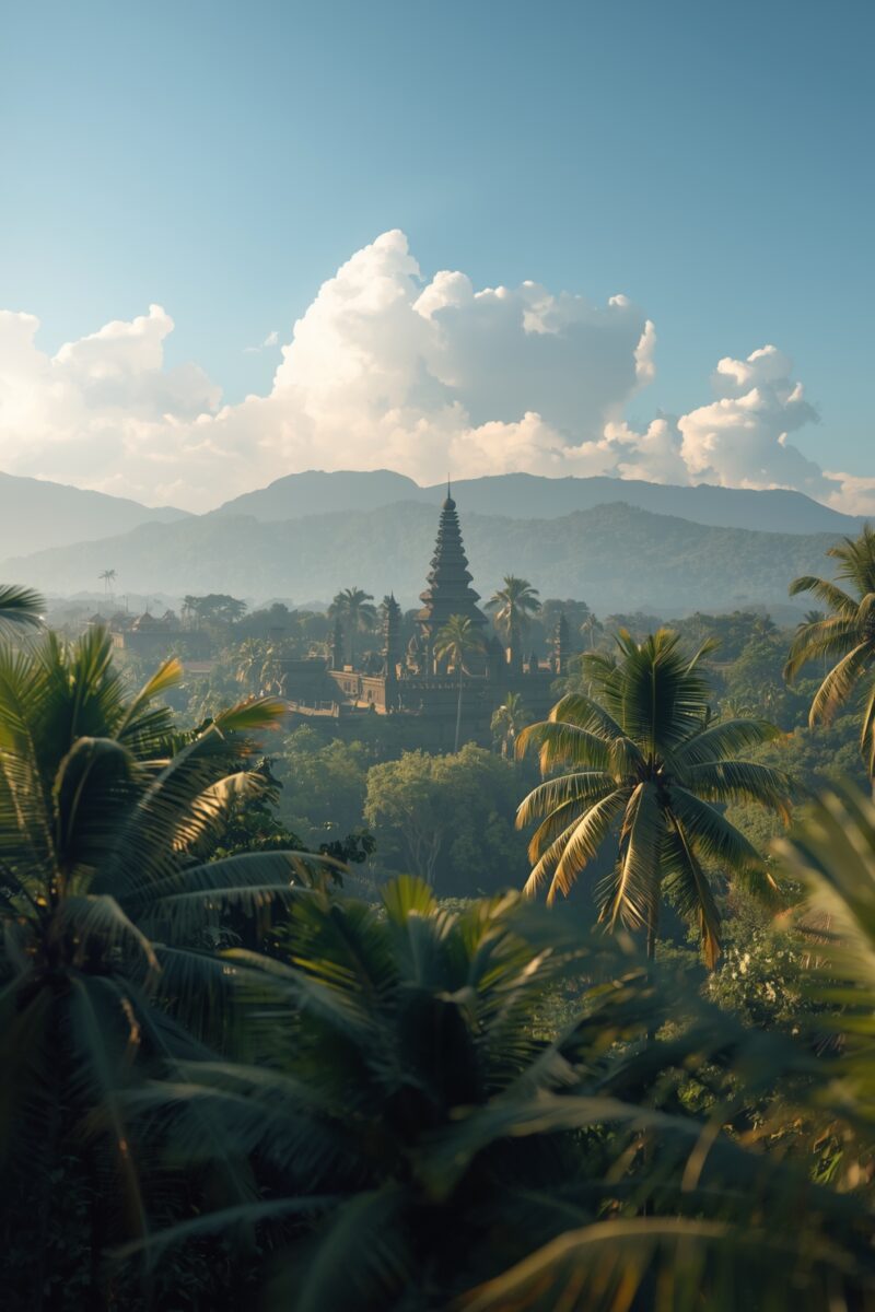 Ancient Southeast Asian pagoda temple rising above lush tropical jungle with palm trees and misty mountains behind