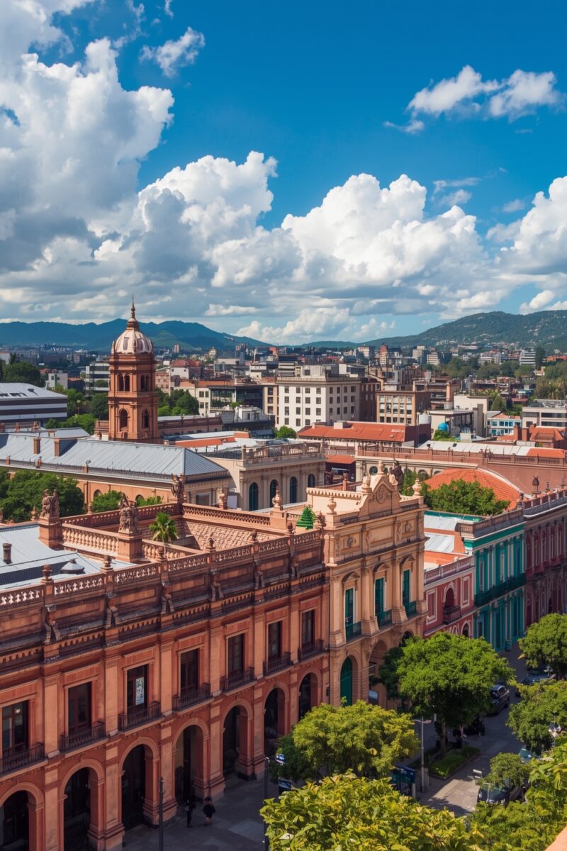 Aerial view of a Latin American city with ornate colonial architecture, terracotta rooftops, church tower, and mountains in background