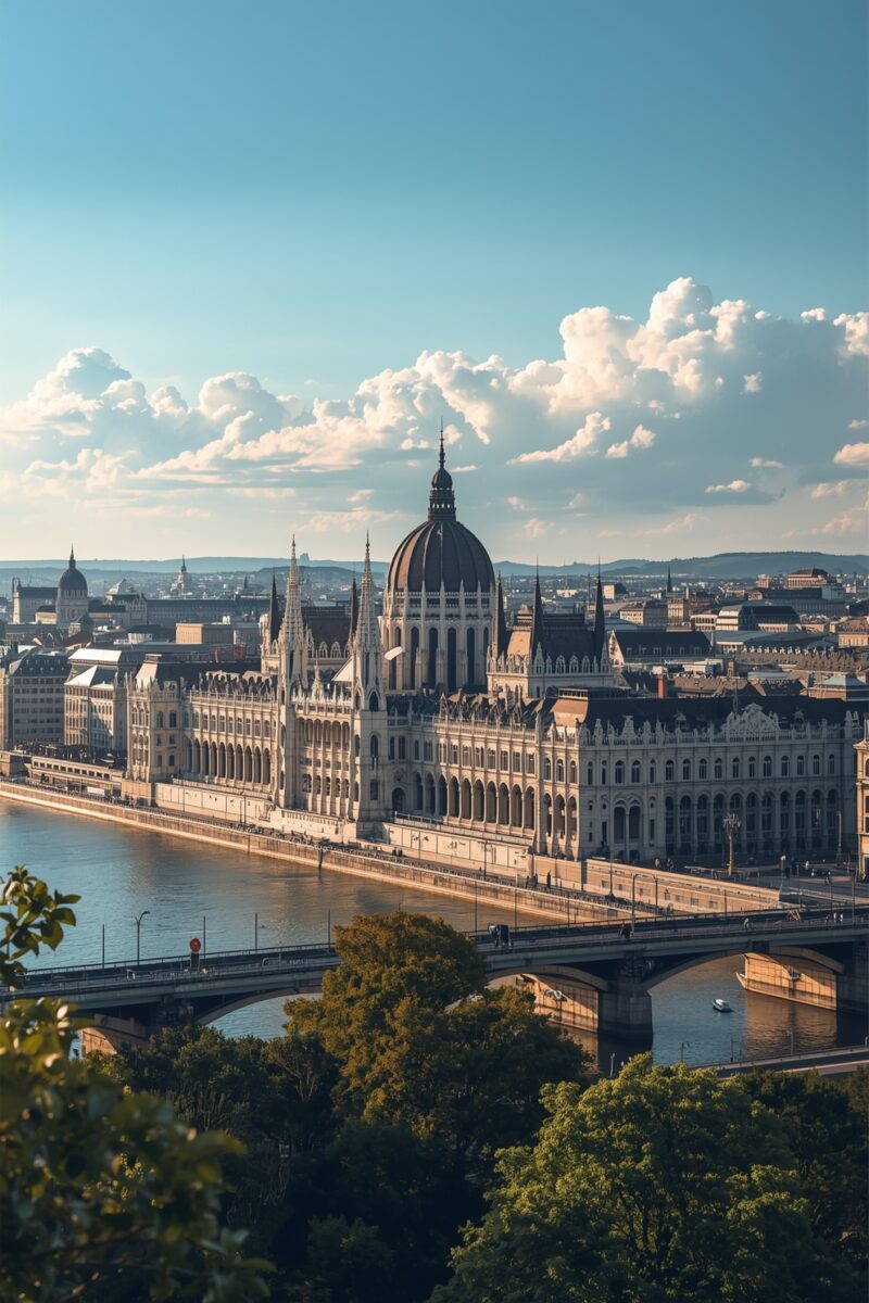 Hungarian Parliament Building along the Danube River in Budapest with Gothic Revival architecture and central dome