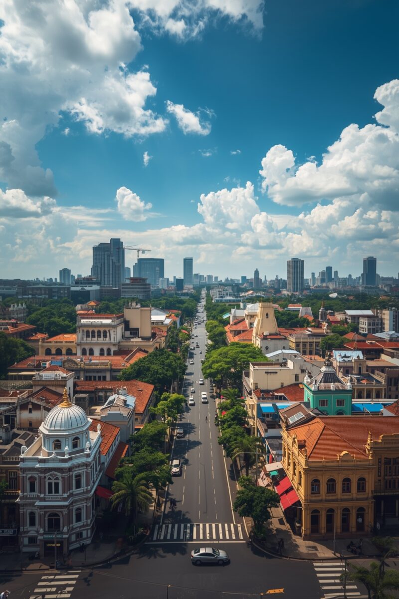 Aerial view of a Southeast Asian city boulevard with colonial architecture, tree-lined street, and modern skyline