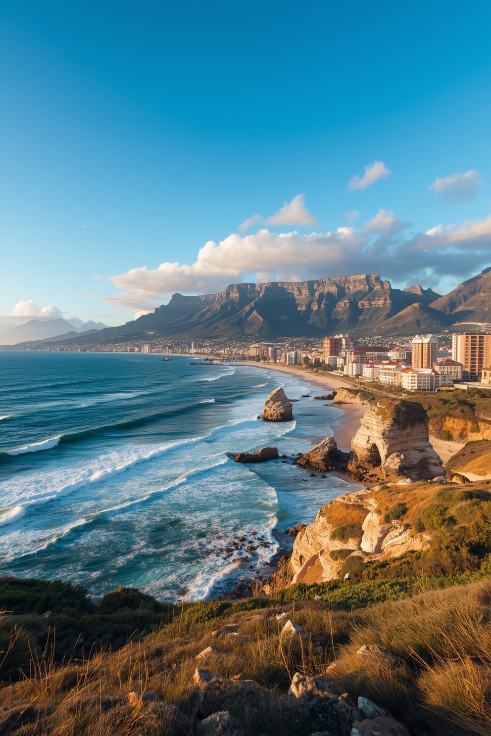Aerial coastal view of Cape Town with Table Mountain backdrop, rocky cliffs, sandy beach, and turquoise ocean waves