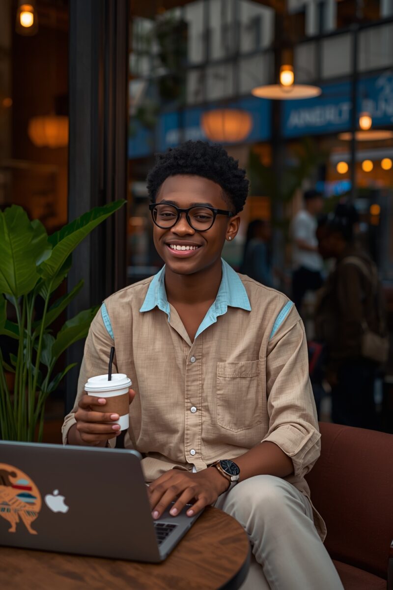 Young man wearing glasses smiling while holding a coffee cup and working on a MacBook laptop at a cafe