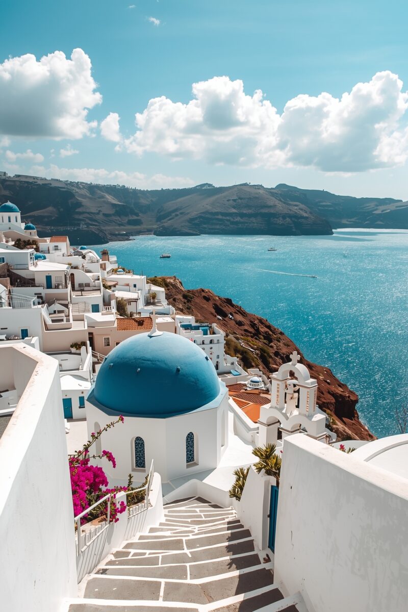 White-washed buildings with blue-domed Greek Orthodox church overlooking the Santorini caldera and Aegean Sea