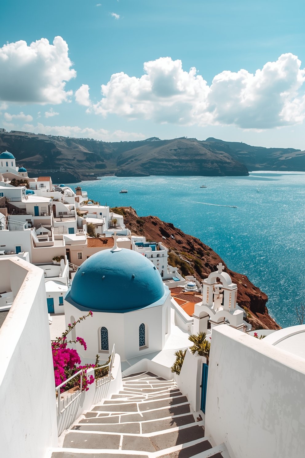 White-washed buildings with blue-domed Greek Orthodox church overlooking the Santorini caldera and Aegean Sea