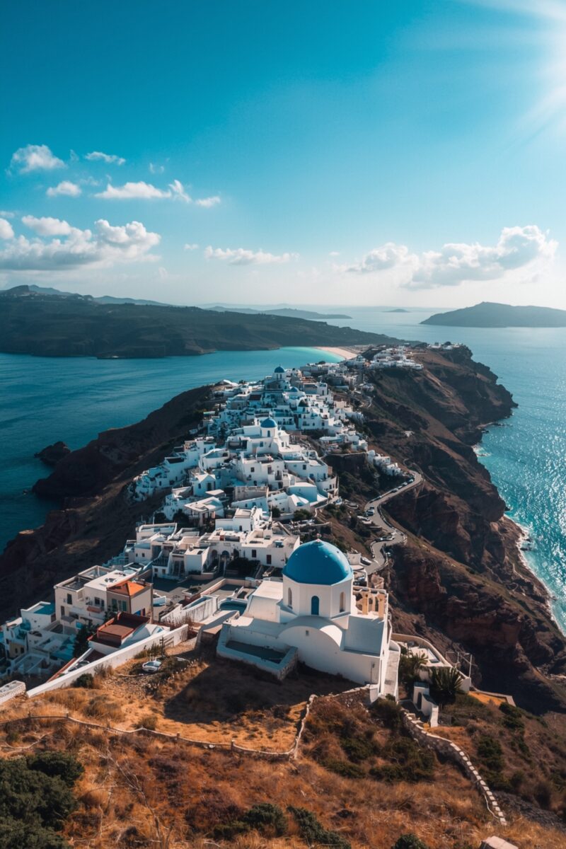 Aerial view of Santorini, Greece, with white-washed buildings and blue-domed church on volcanic cliffs above the Aegean Sea