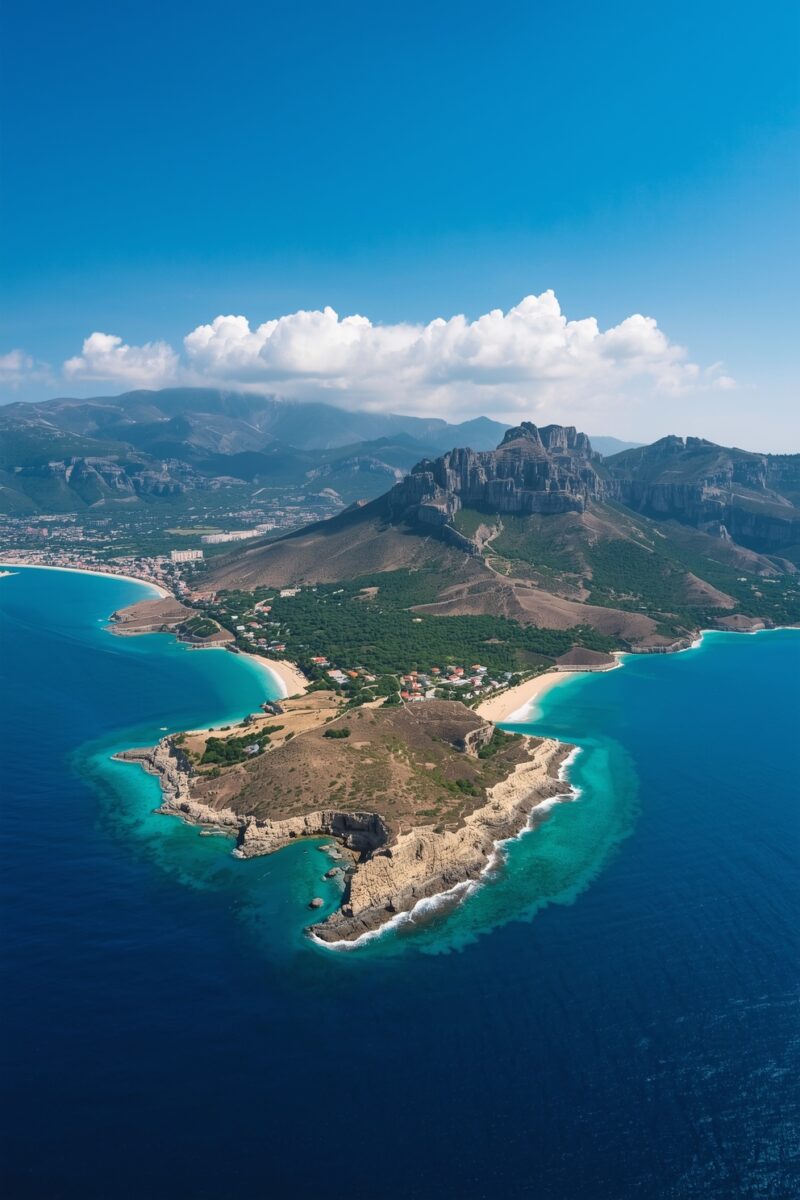 Aerial view of a rocky coastal peninsula with turquoise waters, sandy beaches, and dramatic mountains behind