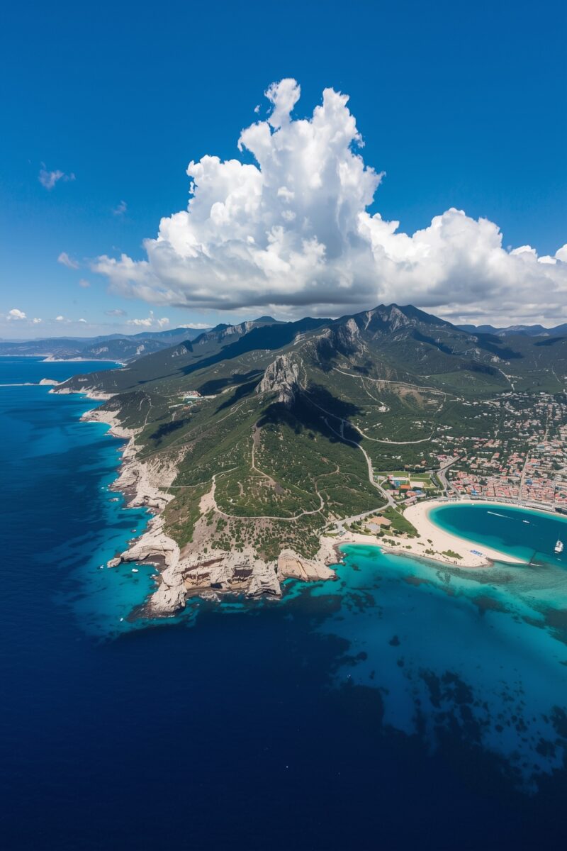 Aerial view of Mediterranean coastal peninsula with turquoise waters, white sandy beach, rocky cliffs, and mountain backdrop