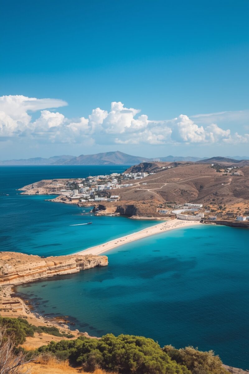 Aerial view of a Mediterranean coastal town with turquoise waters, sandy beach, white buildings on dry hillsides, and mountains in background