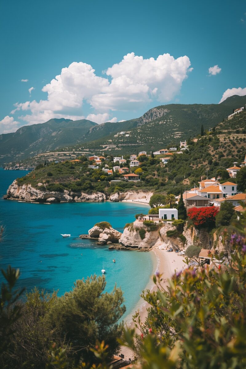 Turquoise Mediterranean bay with white and terracotta-roofed villas on rocky cliffs, lush green hills, and small beach