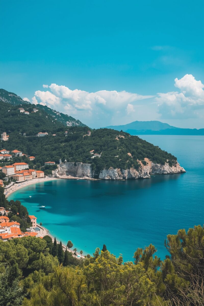 Aerial view of a turquoise Mediterranean bay with orange-roofed village, rocky cliffs, and tree-covered hills