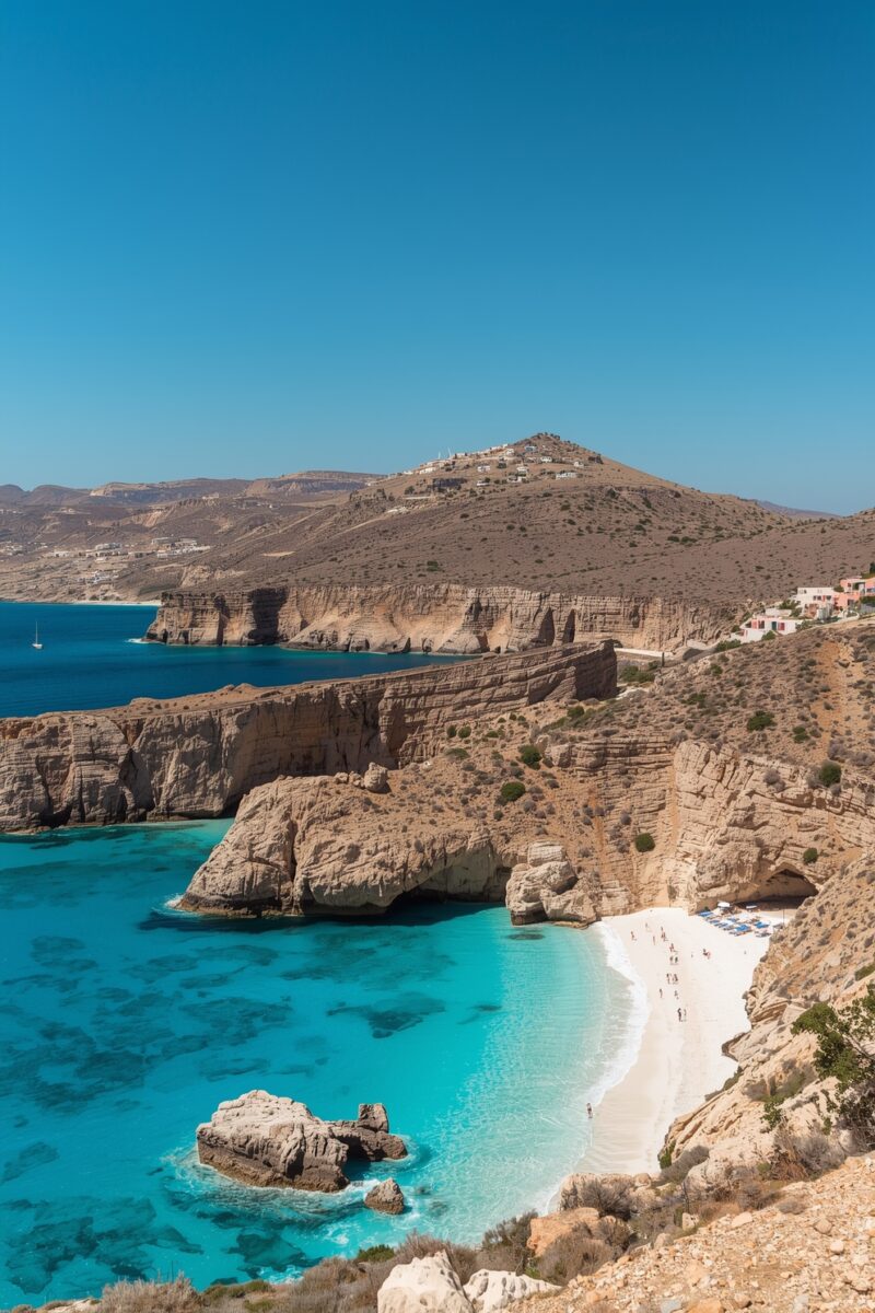 Turquoise Mediterranean bay with white sand beach nestled between dramatic limestone cliffs and arid hillside