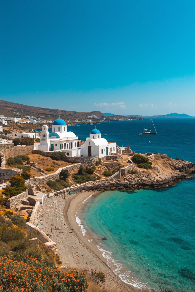 White-washed Greek Orthodox churches with blue domes on a rocky coastal cliff overlooking a turquoise Aegean Sea bay