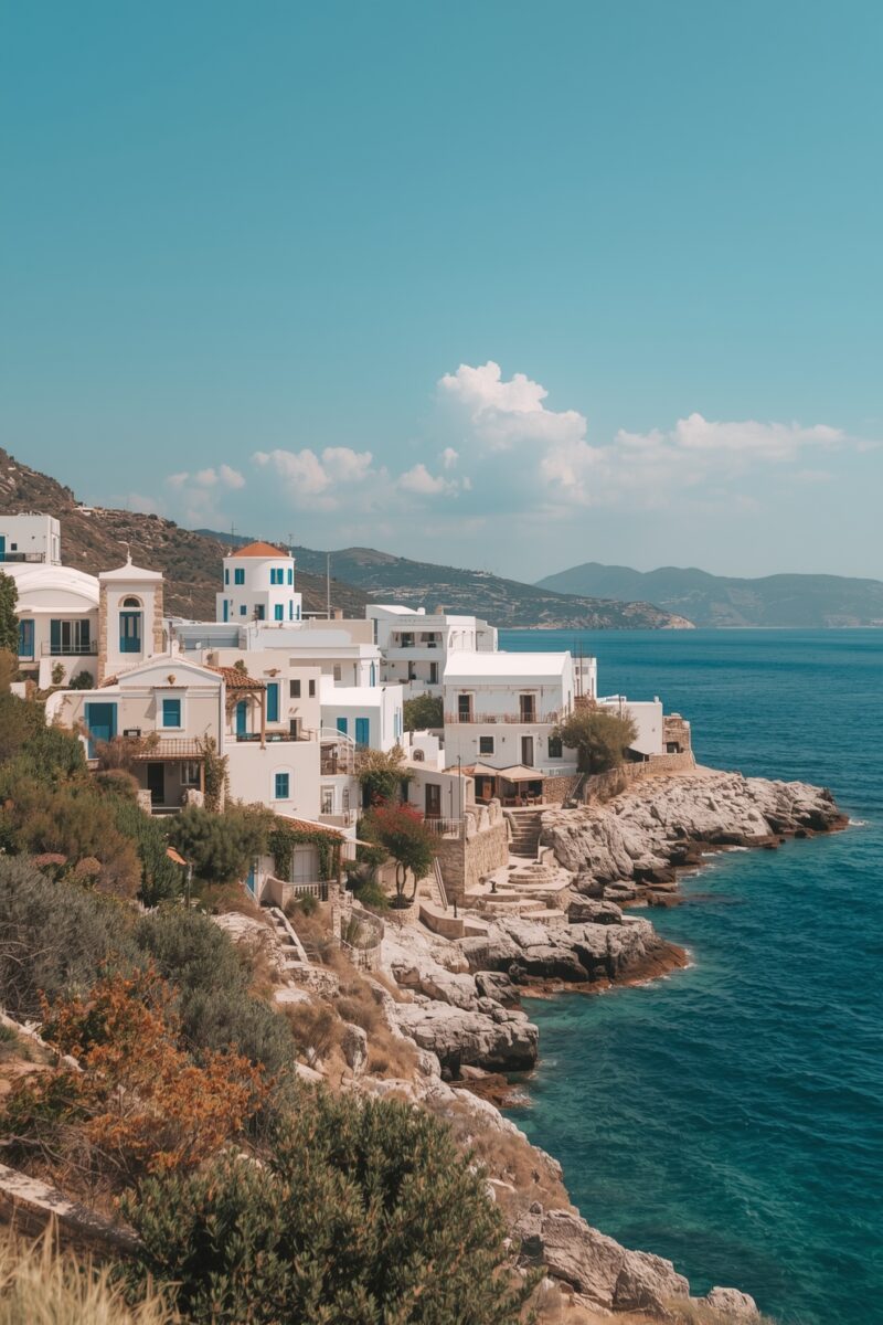 White-washed Greek island village with blue-trimmed buildings perched on rocky cliffs above turquoise Aegean Sea