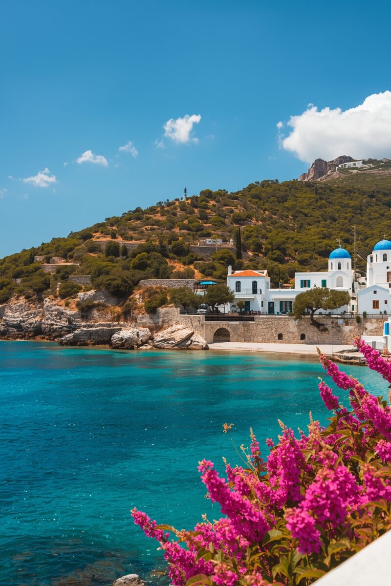 Greek island bay with turquoise water, white buildings, blue-domed church, pink bougainvillea, and green hillside