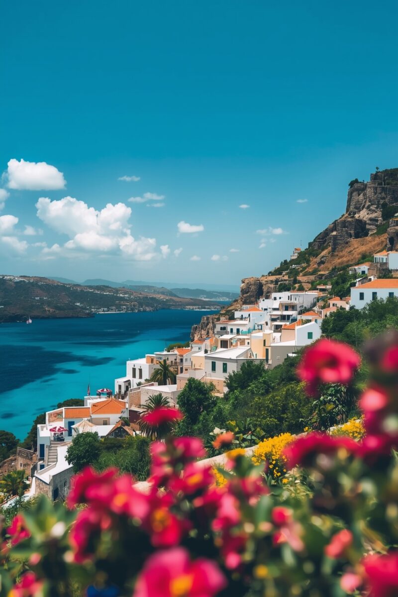 White-washed Mediterranean village with orange rooftops cascading down a clifftop toward vivid turquoise sea, with red flowers in foreground