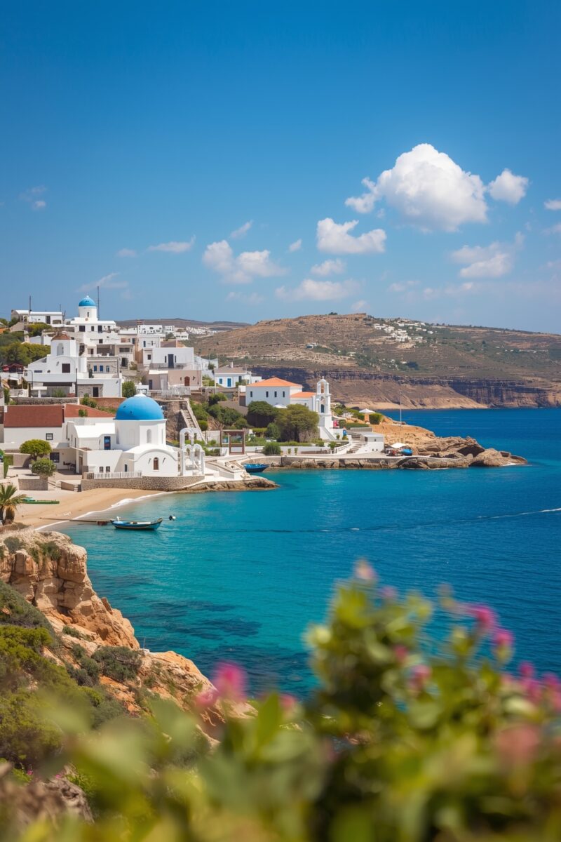 White-washed Greek island village with blue-domed church overlooking turquoise Mediterranean bay and rocky coastline