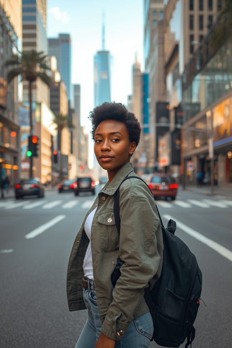 Young Black woman with natural hair wearing olive jacket and backpack standing on a busy urban city street