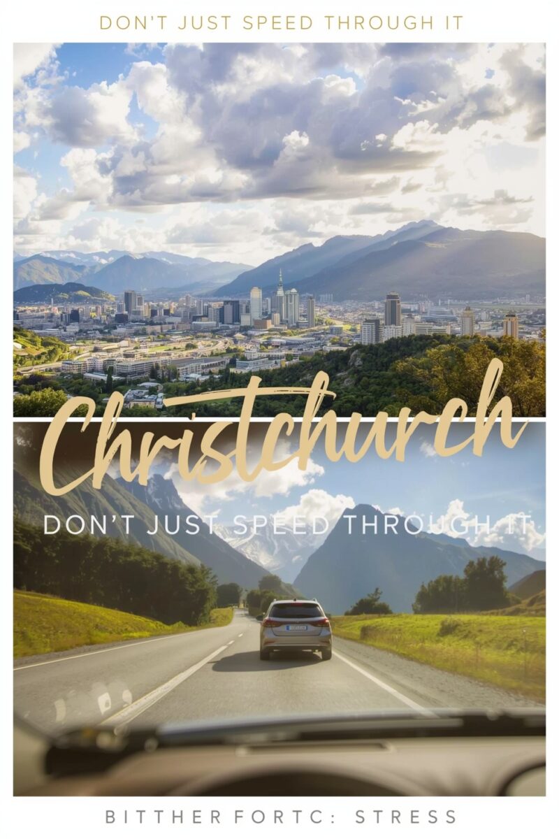 Christchurch travel poster showing city skyline with mountains and scenic road trip drive through alpine landscape