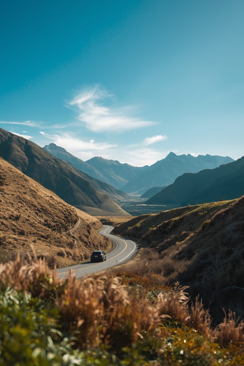 Winding road through a golden mountain valley with dramatic peaks and a single car under blue skies