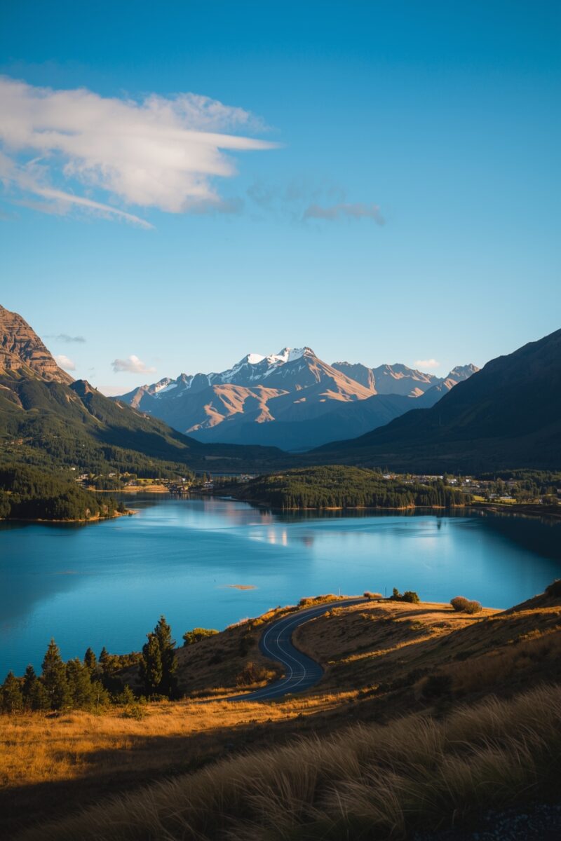 Winding road alongside a vivid blue alpine lake with snow-capped mountains and golden hills in New Zealand