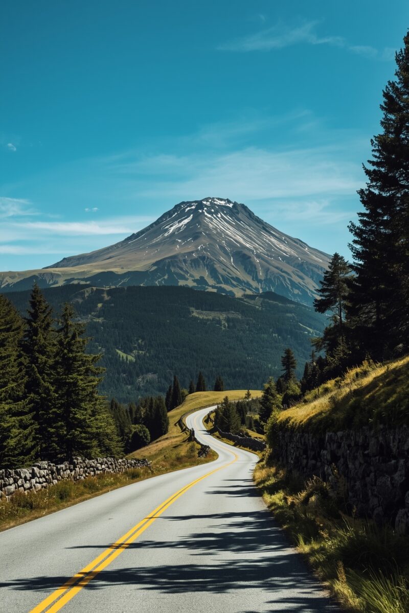 Winding two-lane mountain road with yellow center lines leading toward a snow-capped volcanic peak surrounded by pine forests