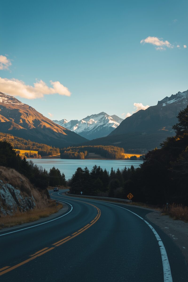 Winding two-lane highway curving toward a mountain lake surrounded by snow-capped peaks and autumn trees