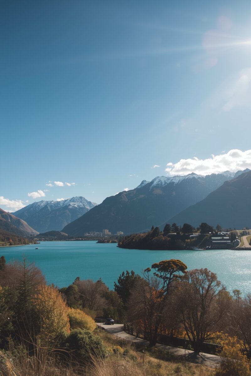 Turquoise alpine lake surrounded by snow-capped mountains and autumn-colored trees under a clear blue sky